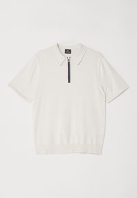 Polo tričko s krátkým rukávem v světle béžové barvě se zapínáním na zip a barevným pruhovaným detailem podél zipu. Měkká, texturovaná látka.