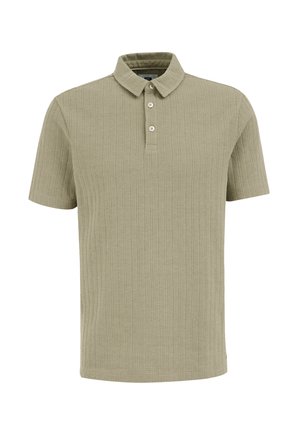 Short-sleeve polo shirt in light olive green with a textured ribbed design, three-button placket, and a classic collar.