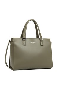 Sac à main en simili cuir vert avec double poignée supérieure, bandoulière amovible et quincaillerie en métal argenté. Texture lisse et design minimaliste.