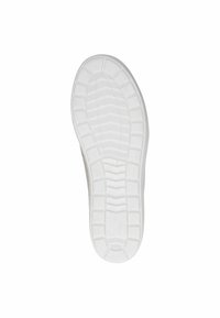 Fehér gumitalp textúrázott tapadásmintákkal és jól meghatározott bordákkal; letisztult dizájn, látható logók vagy díszítések nélkül.