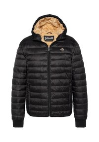 Sort dunjakke med lynlås foran, ribkanter ved ærmerne og en beige kunstpelsforing i hætten. Har et lille logo på brystet.