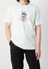 Svetle zelené bavlněné tričko s krátkými rukávy, se vzorem tiskovaných palem a textem v růžové a tmavě zelené barvě.