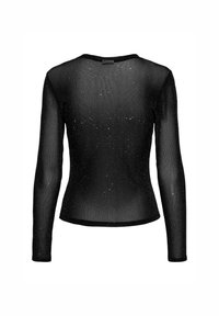 Top negro de manga larga hecho de una tela diáfana y texturizada con sutiles destellos. Cuello redondeado y diseño ajustado.