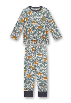Kinder-Pyjama-Set mit langem Arm, grünem Dschungelblatt- und orangefarbenem Tigermotiv, gerippten dunklen Bündchen und Halsausschnitt.