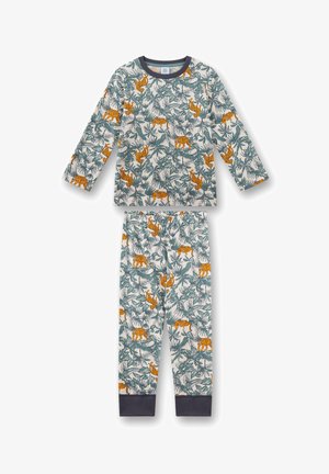 Kinder-Pyjama-Set mit langem Arm, grünem Dschungelblatt- und orangefarbenem Tigermotiv, gerippten dunklen Bündchen und Halsausschnitt.