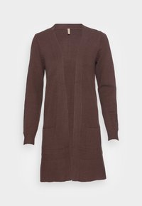 Brun lang cardigan lavet af struktureret strikket stof, med åben front, lange ærmer og to forlommer. Enkel design, uden lukninger.