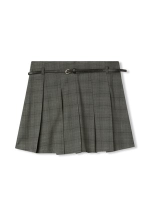 Szara spódnica plisowana w kratę z czarnym paskiem. Ma ostre fałdy, wyraźny kształt i gładką teksturę. Pasek ma srebrny element zapięcia.
