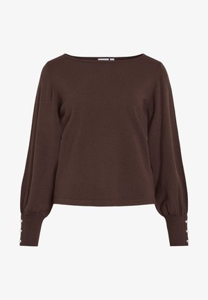 Barna kötött pulóver hajónyak-kivágással, hosszú, puffos ujjakkal és gombos díszítéssel a mandzsettákon. Laza szabású és sima tapintású.