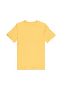 Żółta koszulka z krótkim rękawem, wykonana z bawełny, z okrągłym dekoltem i prostym wzornictwem bez widocznych wzorów czy akcentów.