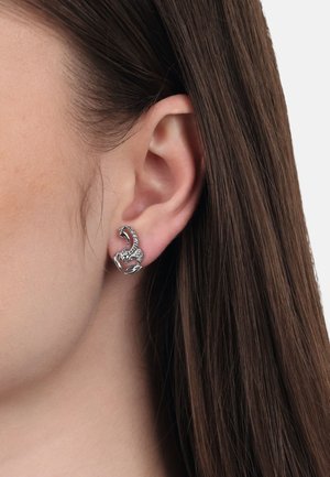 Silver scorpion-shaped earring with detailed texture and design, attached to the lobe, worn in a close-up view next to long, straight hair.