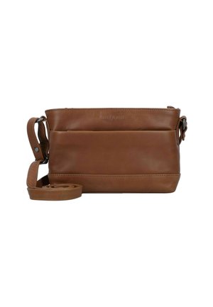 Sac bandoulière en cuir marron avec fermeture éclair, sangle réglable, poche avant et logo en relief sur le panneau avant. Texture lisse.