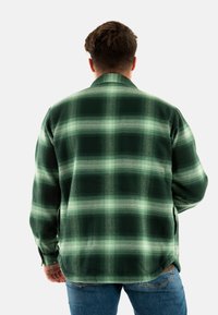 Chemise en flanelle verte avec un motif à carreaux, comportant des nuances de vert et de blanc. Manches longues et coupe décontractée, tissu texturé.