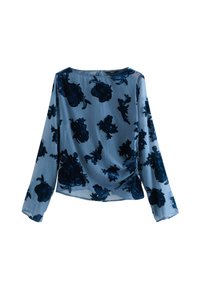Blaues Langarmoberteil aus transparentem Stoff mit dunkelblauen Blumenmustern. Verfügt über einen runden Ausschnitt und ein seitliches Raffungselement.