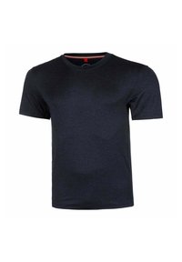 Camiseta de manga corta azul marino hecha de algodón suave, con cuello redondo y un logo sutil en el pecho. Textura suave y diseño básico.