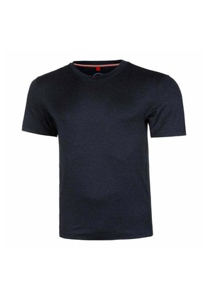 Maglietta a maniche corte blu navy in cotone morbido, con colletto rotondo e marchio discreto sul petto. Texture liscia e design essenziale.