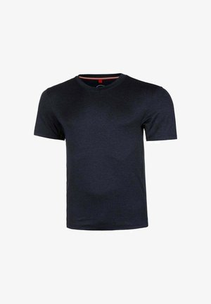 Maglietta a maniche corte blu navy in cotone morbido, con colletto rotondo e marchio discreto sul petto. Texture liscia e design essenziale.