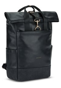 Black faux leather backpack with a roll-top design, gold hardware accents, adjustable straps, and side pocket. Textured bottom panel.