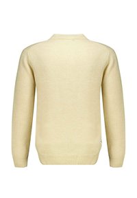 Lichtgele trui met een gladde textuur, ronde halslijn en ribbelmanchetten. Het ontwerp is simpel en heeft een label aan de onderrand.