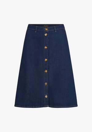 Dunkelblaue Denim-A-Linien-Rock mit einer vorderen Knopfverschluss mit goldenen Knöpfen, einem gestellten Saum und einer glatten Textur.