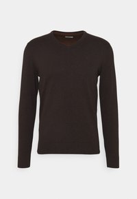 Maglione marrone scuro a maniche lunghe con scollatura a V. Realizzato in un tessuto leggero e morbido, con polsini e orlo a coste. Branding minimale visibile.