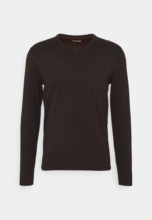 Maglione marrone scuro a maniche lunghe con scollatura a V. Realizzato in un tessuto leggero e morbido, con polsini e orlo a coste. Branding minimale visibile.