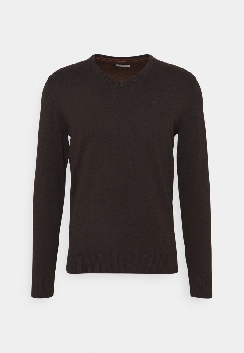 Dunkelbrauner, langärmeliger Pullover mit V-Ausschnitt. Hergestellt aus einem weichen, leichten Stoff mit gerippten Bündchen und Saum. Minimale Markenkennzeichnung sichtbar.