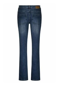 Donkerblauwe denim jeans met een rechte pijp, voorzien van twee achterzakken, subtiele vervaging en een bruine leren patch op de tailleband.