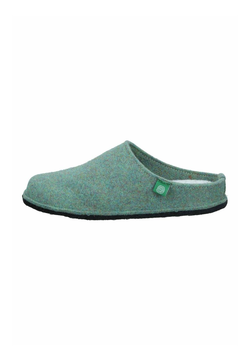 Green felt slipper with a soft texture, rounded shape, and a black sole. Features a small branded green label on the side.