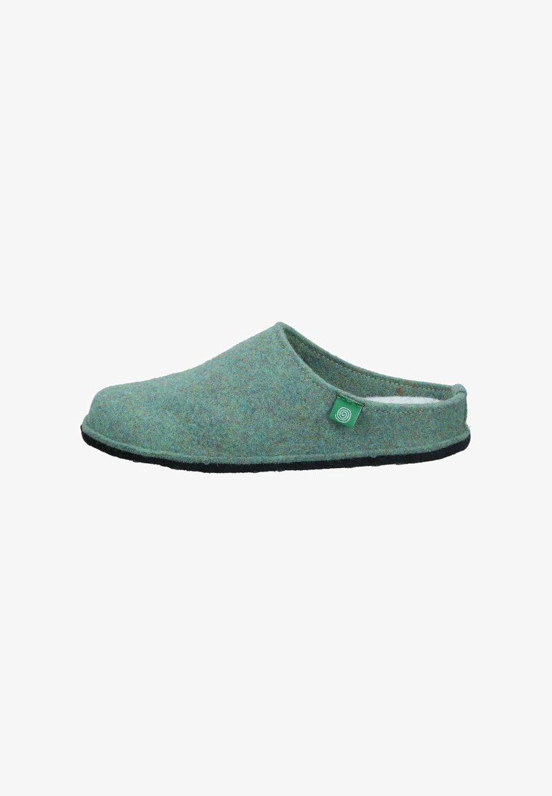 Green felt slipper with a soft texture, rounded shape, and a black sole. Features a small branded green label on the side.