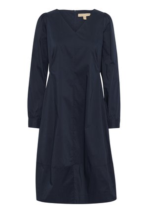 Mornarsko modra dolg rokav obleka z V-izrezom in nabranimi rokavi. Narejena iz gladkega materiala, ima zadrgo na zadnji strani in plisirano krilo.