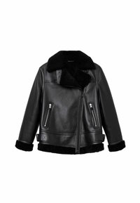 Czarna skórzana kurtka z kołnierzem z owczej wełny, z zamykanymi na zamek kieszeniami, paskiem w talii i teksturowanymi mankietami. Klasyczny design o strukturalnym kształcie.