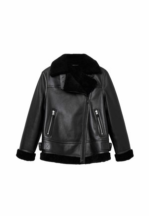 Giubbotto in pelle nera con colletto in shearling, dotato di tasche con zip, vita con cintura e polsini testurizzati. Design classico con una forma strutturata.