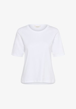 Trumpas rankovėmis baltas marškinėliai, pagaminti iš švelnios medvilnės, su apvalia iškirpte ir laisvu siluetu, pasižymintys lygiu paviršiumi ir be raštų.