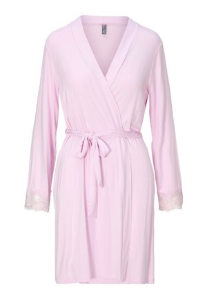 Light pink knee-length robe with long sleeves, lace trim cuffs, wrap front, and a tied waist belt.