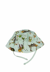 Barnens bucket hat i ljusblått tyg, med tecknade figurer och lekfulla mönster. Knuten vid hakan för en säker passform.