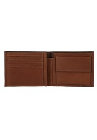 Brown leather wallet with multiple card slots on the left and a single pocket on the right. Smooth texture with visible stitching details.