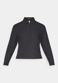 Black long-sleeve polo shirt with a ribbed texture, buttoned placket, and a classic collar. Material offers stretch and comfort.
