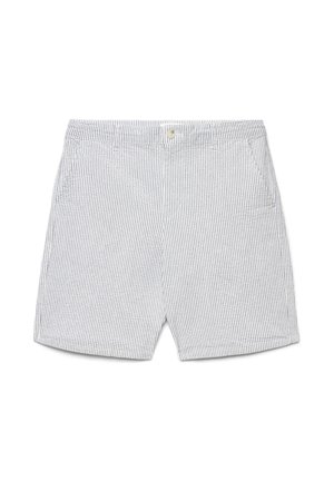 Pantaloncini leggeri da uomo con sottili righe verticali blu e bianche, chiusura frontale con bottoni e tasche laterali.