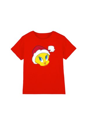 Red cotton t-shirt featuring a yellow cartoon bird head wearing a white and red Santa hat, with blue eyes and a small tuft of white hair.