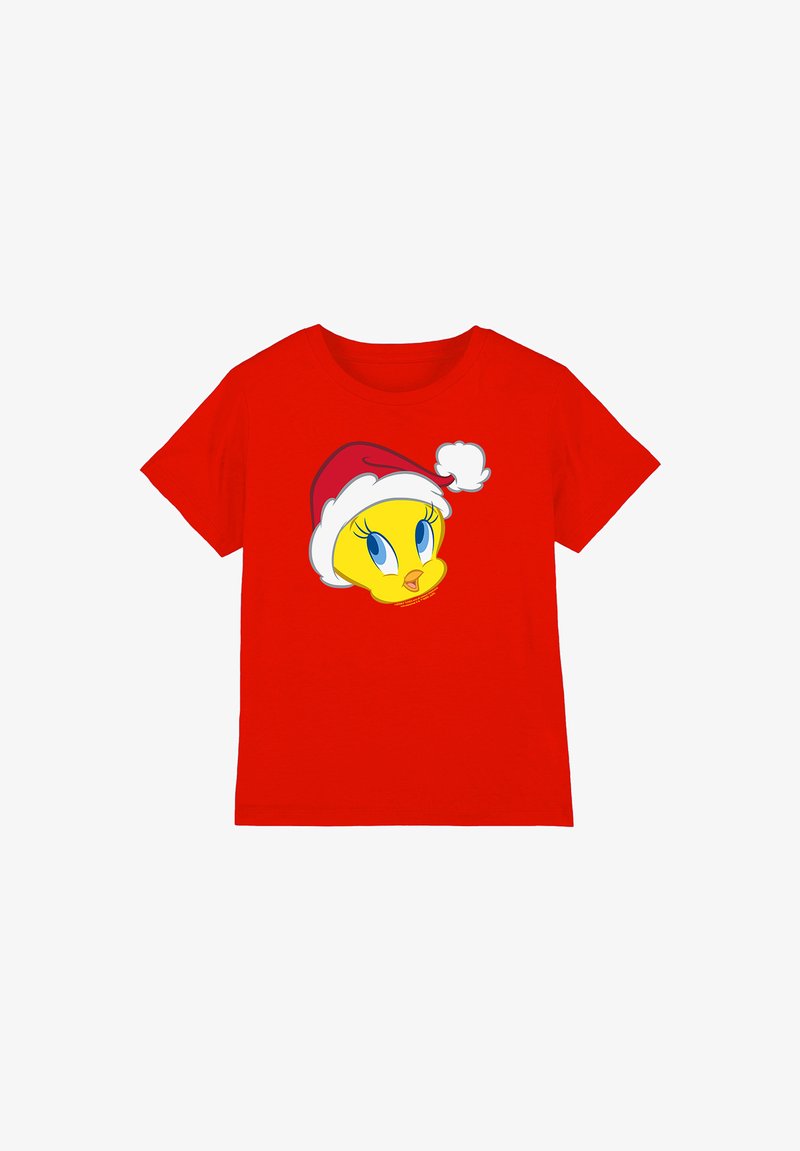 Red cotton t-shirt featuring a yellow cartoon bird head wearing a white and red Santa hat, with blue eyes and a small tuft of white hair.