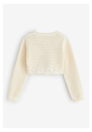 Pulover scurt, de culoare crem, cu model tricotat deschis, mâneci lungi și manșete ribbate. Detaliat cu un tiv ondulat.