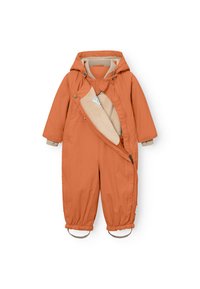 Oransje barnevintersuite med glidelås foran, hette, elastiske mansjetter og fotstropper. Innvendig fôr i myk kremfleece.
