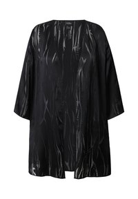 Schwarze Kimono-Style-Jacke mit offener Vorderseite, gefertigt aus einem glatten, glänzenden Stoff und mit abstraktem grauen Muster durchzogen. Kurze Ärmel und lässige Passform.