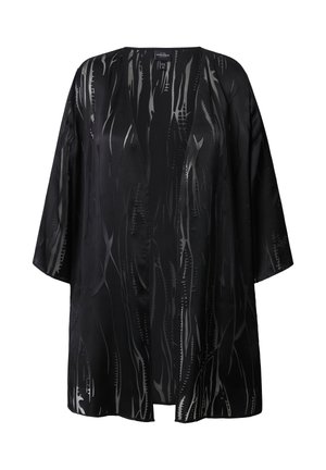 Veste style kimono noire avec un devant ouvert, dotée d'un tissu lisse et brillant et d'un motif abstrait gris. Manches courtes et coupe décontractée.