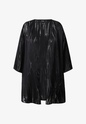 Black kimono-style jacket with an open front, featuring a sleek, shiny fabric and abstract gray pattern throughout. Short sleeves and relaxed fit.