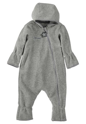 Grau fleece Baby-Overall mit Kapuze, Frontreißverschluss und ausgestellten Bündchen. Mit einem Sternakzent und gesticktem Text im Brustbereich.