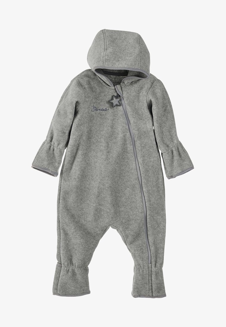 Gray fleece baby onesie with a hood, front zipper, and flared cuffs. Features a star accent and embroidered text on the chest area.