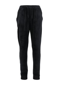 Zwarte fleece joggers met een elastische tailleband, verstelbaar trekkoord, zijzakken en ribgebreide boorden. Zachte textuur en taps toelopende pasvorm.