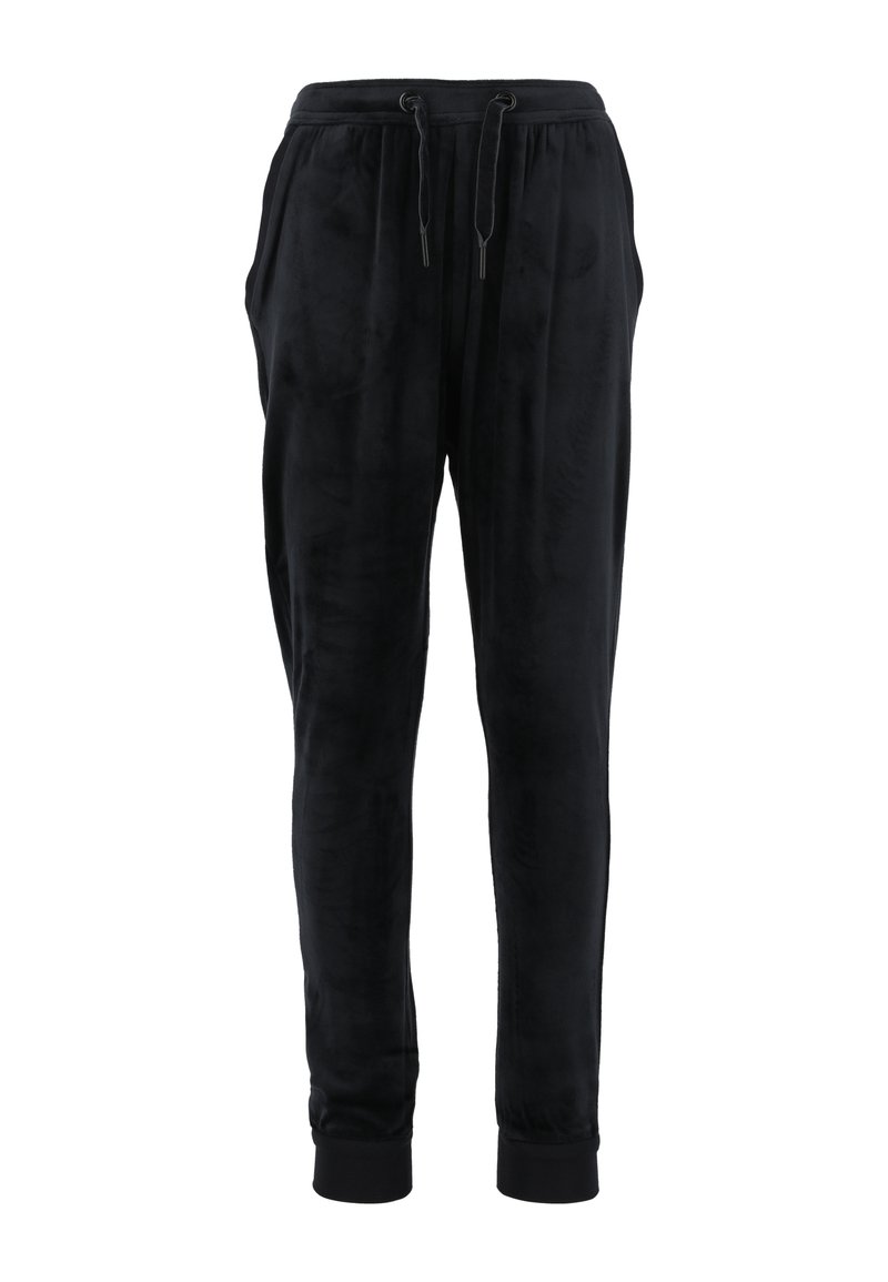 Zwarte fleece joggers met een elastische tailleband, verstelbaar trekkoord, zijzakken en ribgebreide boorden. Zachte textuur en taps toelopende pasvorm.