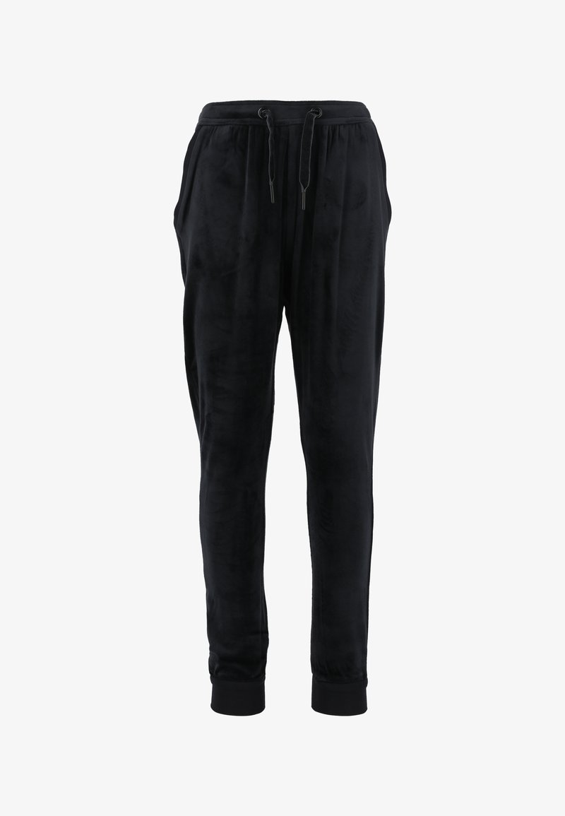Zwarte fleece joggers met een elastische tailleband, verstelbaar trekkoord, zijzakken en ribgebreide boorden. Zachte textuur en taps toelopende pasvorm.